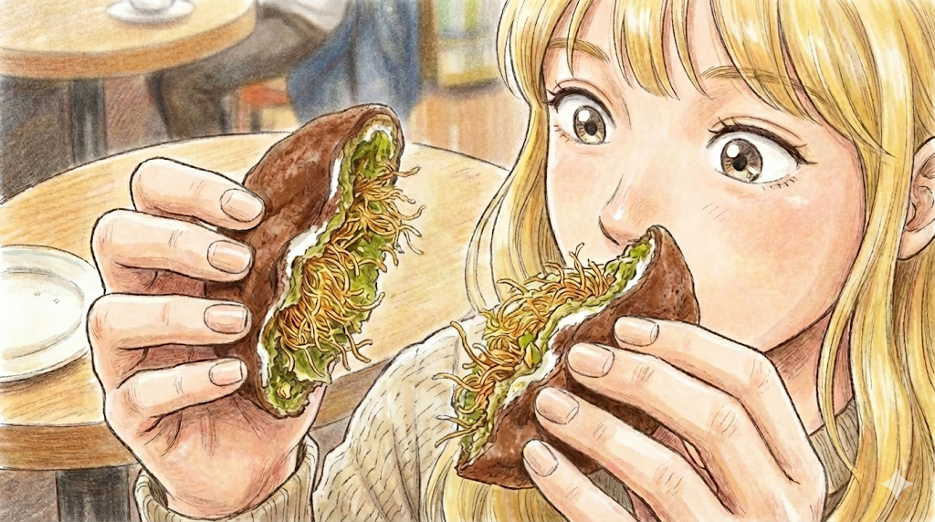 A close-up cross-section of a Dubai Jjon-deuk Cookie showing green pistachio and crispy kataifi.