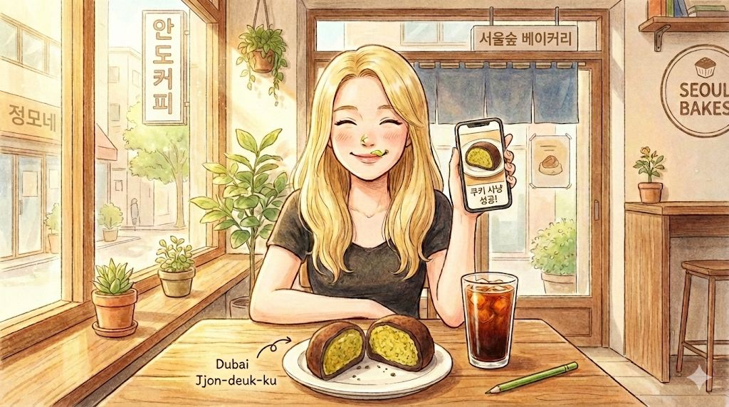 Alice enjoying a successful "cookie hunt" with a Dubai Jjon-deuk Cookie and coffee.