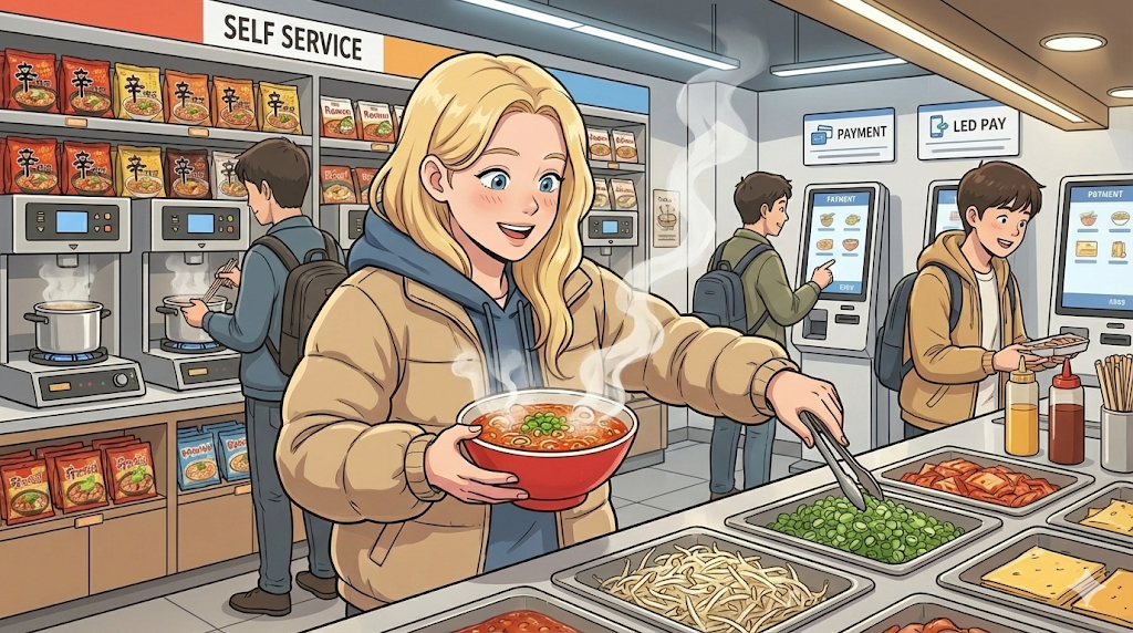 Adding free toppings to customize a bowl in Unmanned Ramen Cafes in Korea.