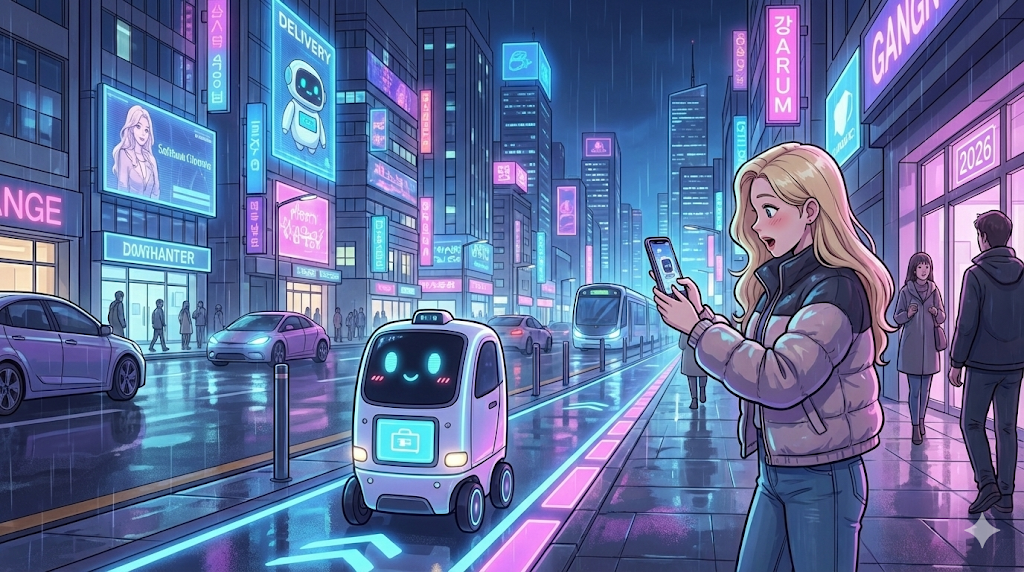An AI delivery robot on the streets of Seoul, asking Is South Korea living in the future?