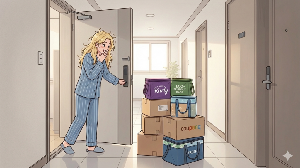 The famous "Dawn Delivery" boxes at a doorstep in Korean Parcel Delivery Taekbae.