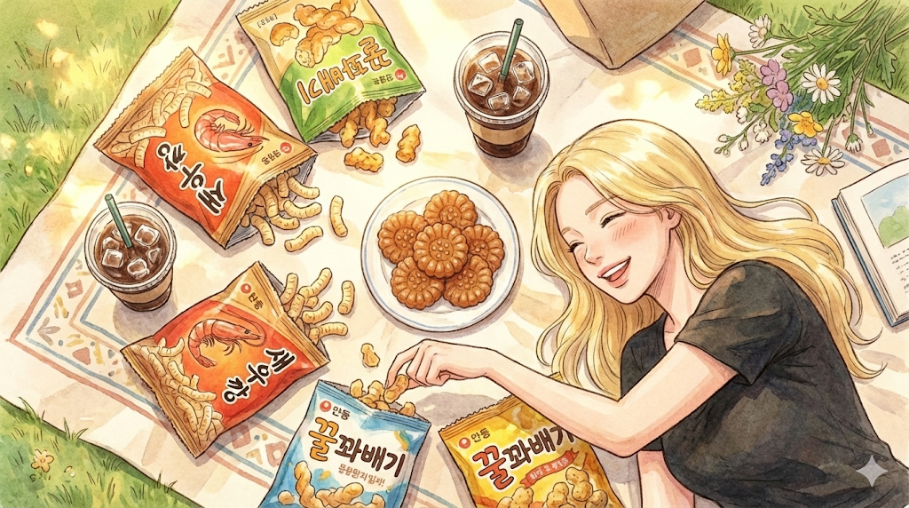 A picnic spread featuring various treats from the Korean Snacks Guide.