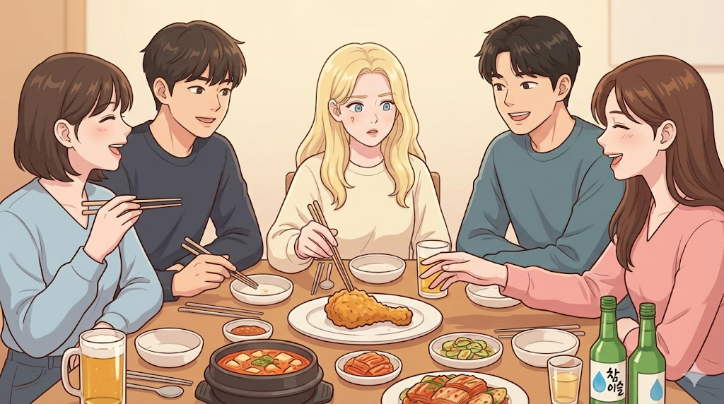 Alice experiencing a "Nunchi" moment at a dinner table over the last piece of food.