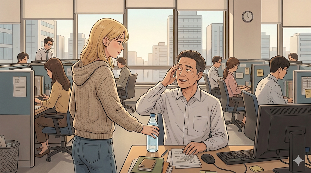 Alice demonstrating "Quick Nunchi" by sensing a colleague's needs without words.