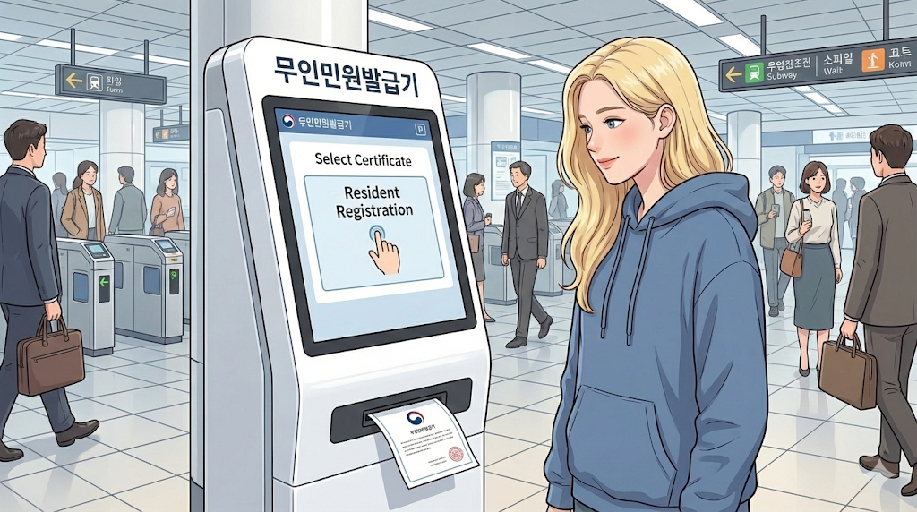 Alice using a 24-hour unmanned kiosk for Korean Administrative Services.