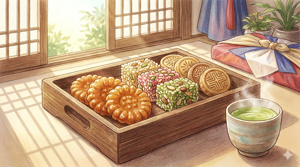 A colorful and artistic assortment of Traditional Korean Sweets Hangwa served with tea.