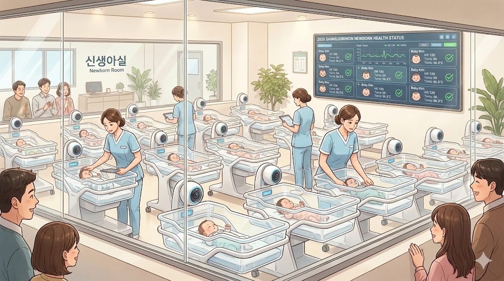 The high-tech newborn nursery in a modern Korean Postpartum Care Center.