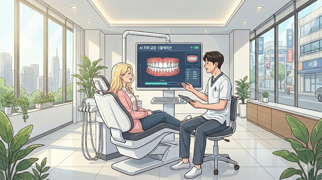 Alice observing her teeth on an AI 3D scanner in a Korean Dental Care Guide setting.