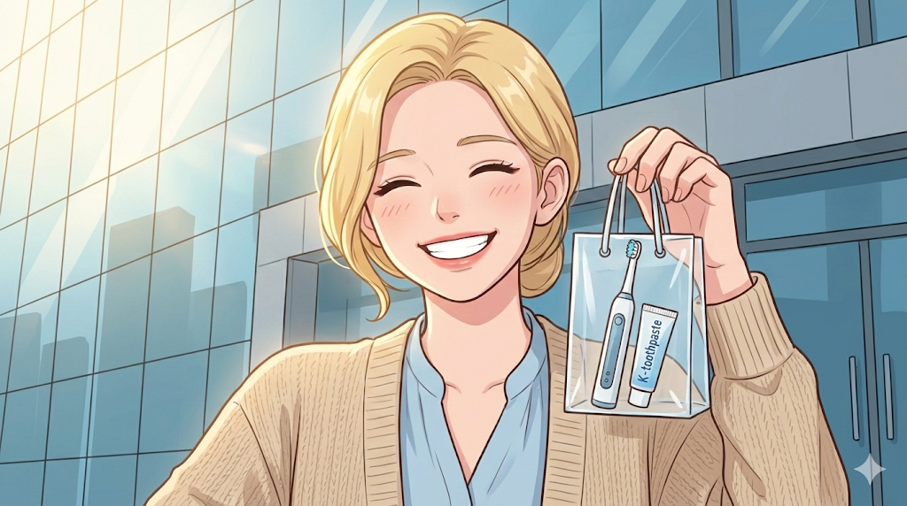 A happy patient leaving a high-tech dentist in the Korean Dental Care Guide.