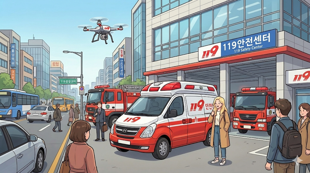 119 Safety Center and emergency vehicles in the Korean 119 Emergency Service guide.