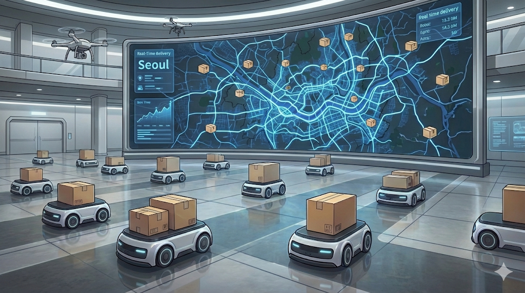 The famous "Dawn Delivery" boxes at a doorstep in Korean Parcel Delivery Taekbae.