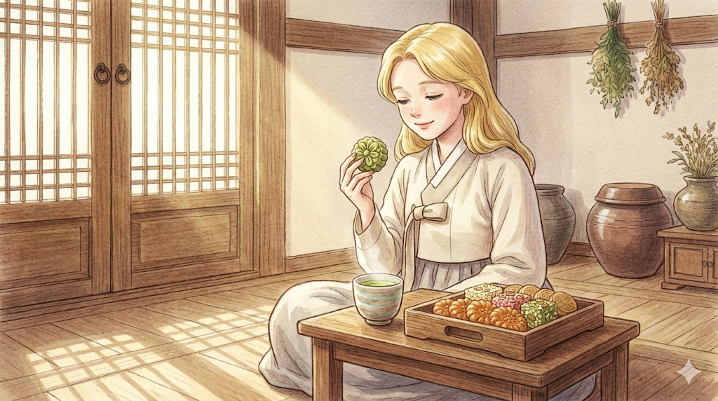 Alice admiring the intricate design of a Traditional Korean Sweet (Dasik).