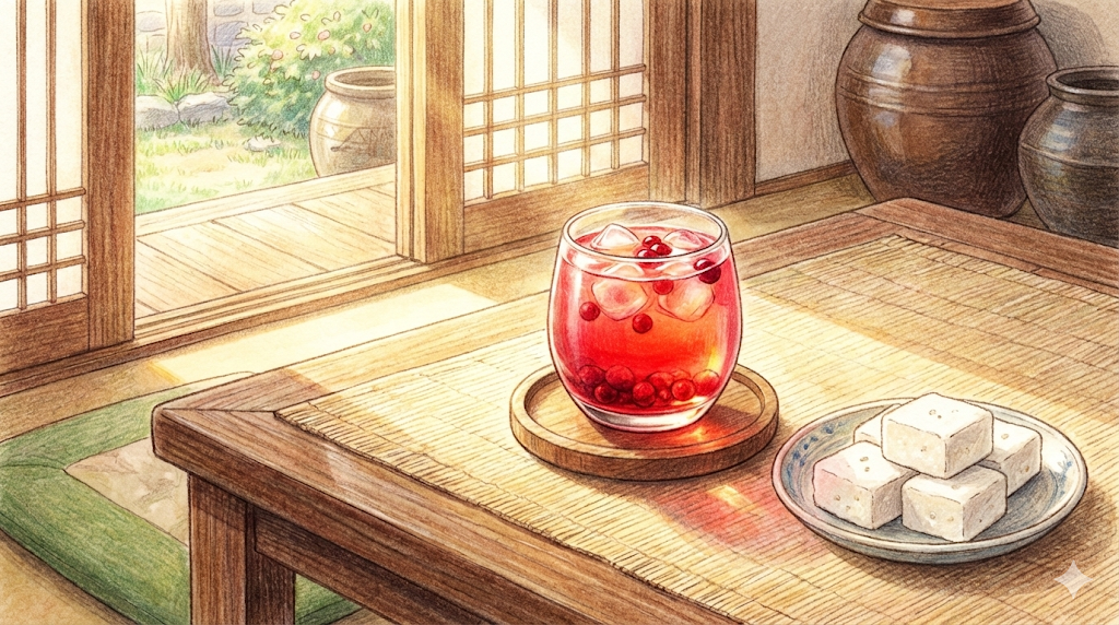 A vibrant red glass of Omija-cha served in a traditional Korean setting.