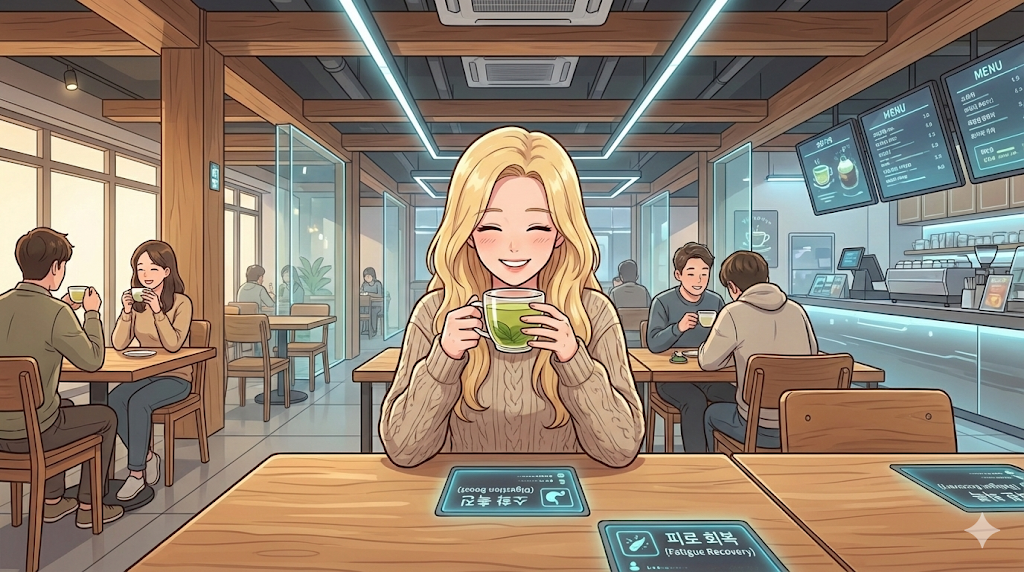 Alice enjoying a refreshing glass of Maesil-cha in a 2026 wellness cafe.