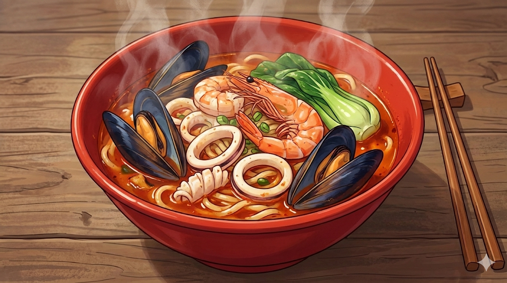 A spicy seafood Jjamppong bowl in a local Korean Chinese restaurant.